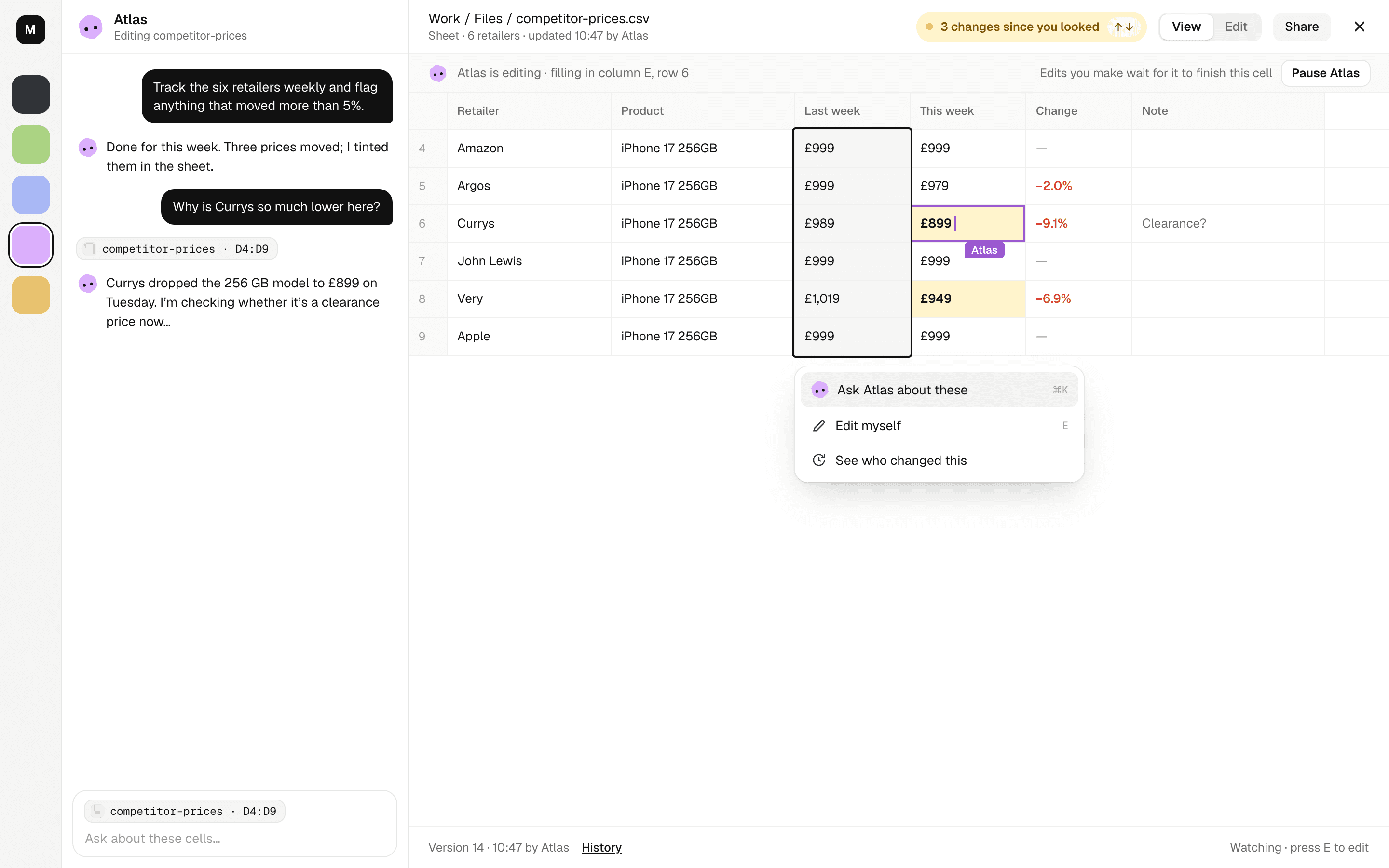 Atlas's price sheet open next to the chat: three changes since you looked, Atlas editing a cell, and Ask Atlas about these cells